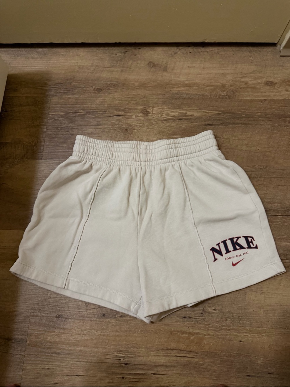 Nike Women's Cream Athletic Shorts with Maroon Logo